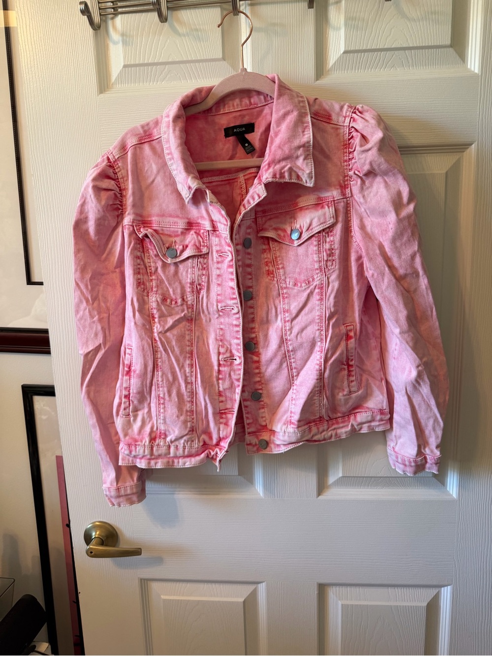Aqua Pink Denim Jacket with Puff Shoulder Detail